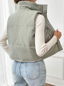 SHEIN Frenchy Zip Up Snap Button Puffer Vest Coat - Army Green - View 2