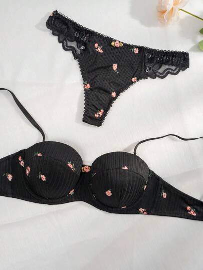 Bloemen Print Lettuce Underwire BH Slipje Lingerie Set view 3