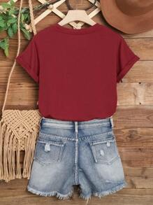 SHEIN EZwear Christmas Print Tee - Burgundy - View 2