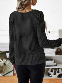 SHEIN LUNE Camiseta unicolor de manga farol tejido de canalé - Negro - Ver 2