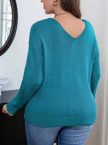 Celure Plus Pointelle Knit Drop Shoulder Sweater - Green - View 2