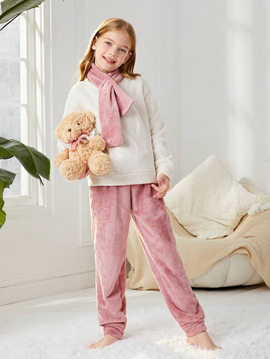 SHEIN 女大童素色法蘭絨上衣和褲子&圍巾 - 粉色 - 查看 1