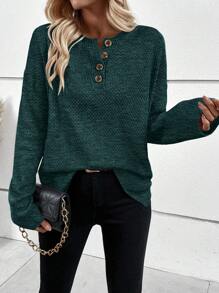 SHEIN LUNE 半排扣落肩袖套頭毛衣 - 墨綠色 - 查看 1