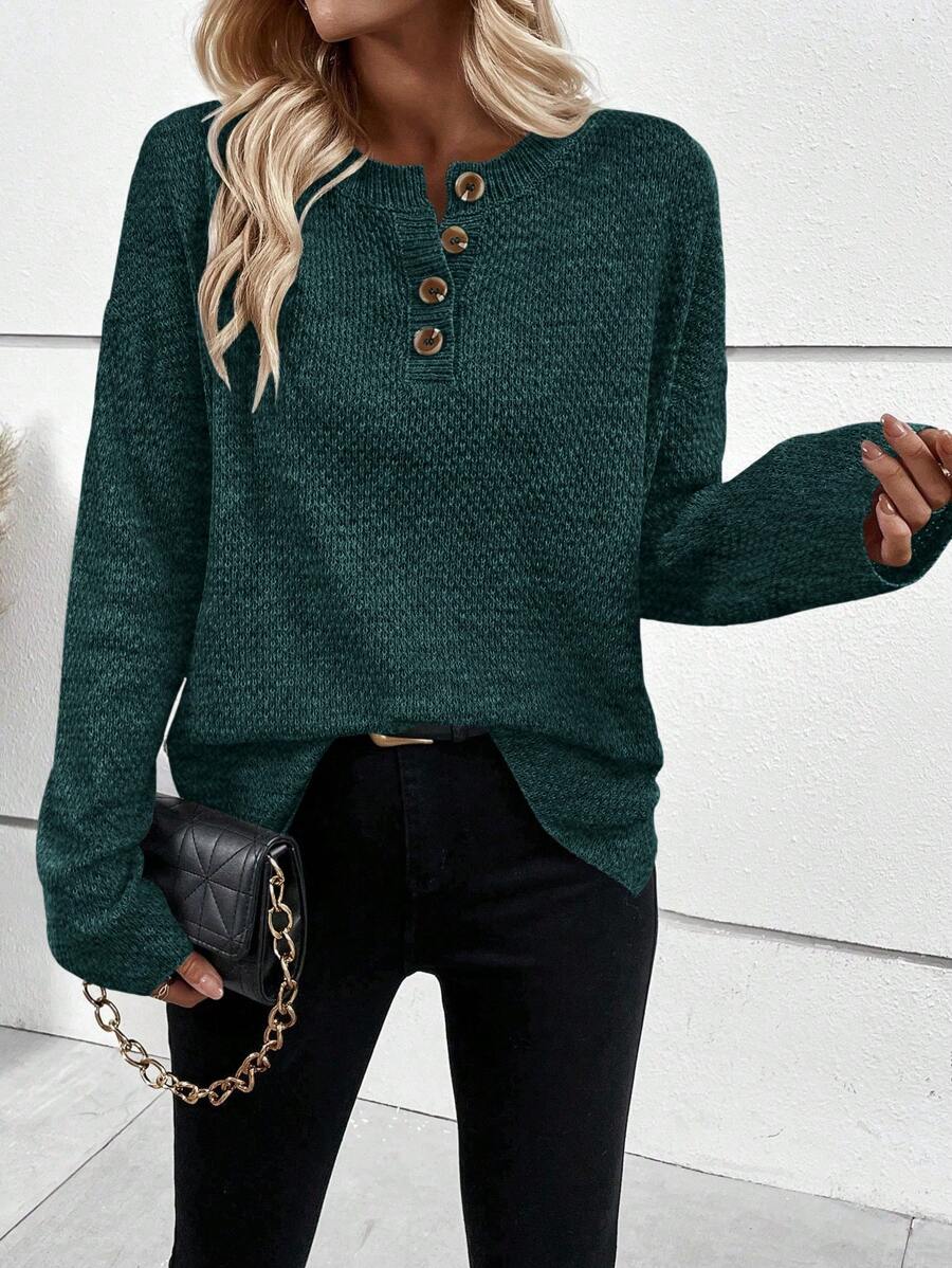 SHEIN LUNE 半排扣落肩袖套頭毛衣 - 墨綠色 - 查看 1