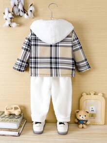 SHEIN 2入組男童休閒學院風暖和厚實絨面料外套和長褲套裝,適用於嬰兒