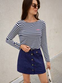 SHEIN Frenchy Embroidery Detail Striped Print Tee & Flap Button Front Skirt Winter Casual Blue - Navy Blue - View 5