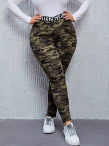 SHEIN LUNE Rozmiar Plus Damski Wzór moro Sztylpy Z Litera Wiosna Nadruk Dekoracje