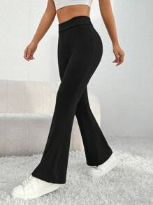 SHEIN PETITE Chất rắn Chân bùng Đen Quần - màu đen - Xem 1