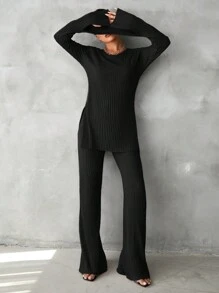 EURMUSE Solid Split Hem Tee & Flare Leg Pants - Black - View 5