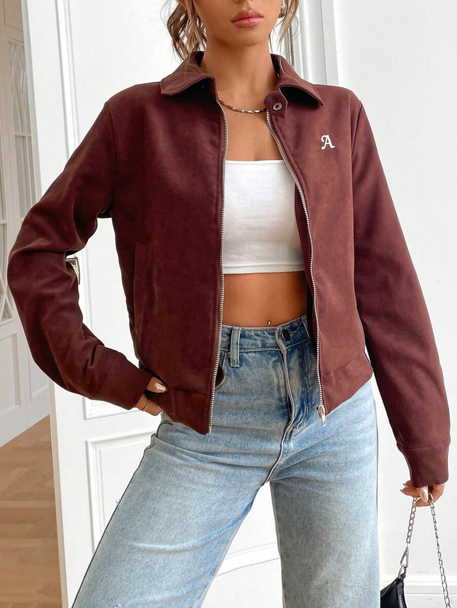 SHEIN EZwear Cazadora con bordado de letra con cremallera - Óxido marrón - Ver 1