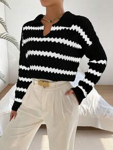SHEIN Unity 條紋圖案落肩袖套頭毛衣 - 黑與白 - 查看 6