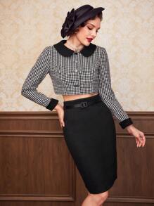 Vintamour 前排扣千鳥格西裝外套和裙子不附腰帶 - 黑與白 - 查看 5