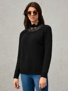 SHEIN Frenchy Ren tương phản Nếp uốn Cổ giả Áo len - màu đen - Xem 3