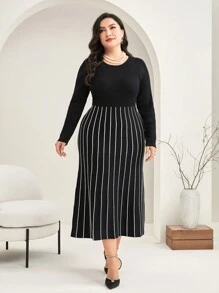 Modelyn Plus Striped Pattern Sweater Dress - Black - View 5
