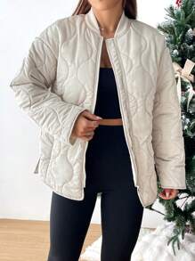 SHEIN EZwear Women's Solid Color Quilted Padded Coat - Light Grey - View 1