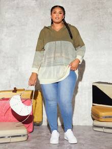 SHEIN CURVE+ 大碼撞色落肩袖抽繩連帽網眼針織套頭毛衣 - 彩色 - 查看 3