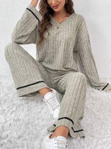 SHEIN Frenchy 拼接邊落肩T恤和褲子 - 卡其色 - 查看 4