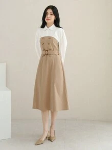 DAZY 雙色燈籠袖假兩件洋裝附腰帶 - 卡其色 - 查看 5