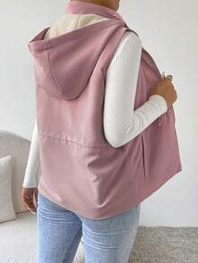 SHEIN Essnce Áo vest có dây rút, lót gấu Teddy, khóa kéo, áo khoác có đệm, quần áo mùa đông - Bụi hồng - Xem 2