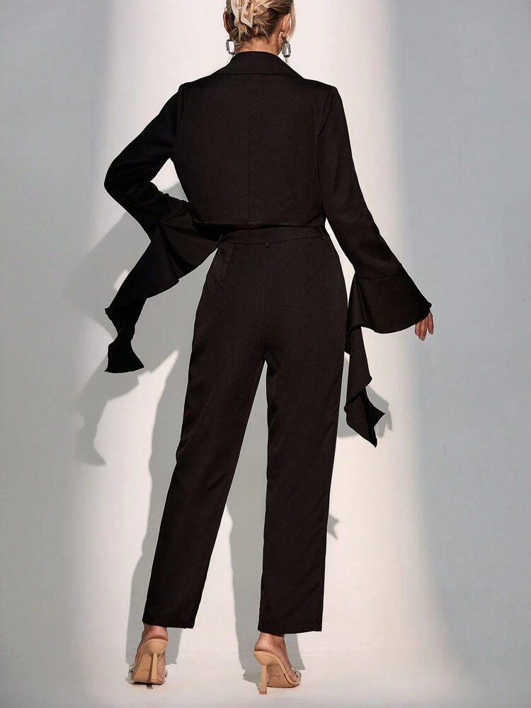 Lapel Neck Flounce Sleeve Blazer & Split Hem Pants Fall Cloth For Women