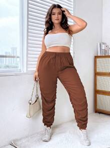 Flirla Plus Drawstring Waist Ruched Pants - Khaki - View 7