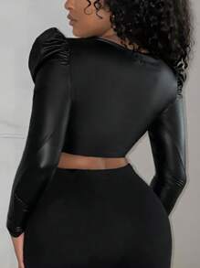 Slaydiva Casual Alpaca Sleeve Hollow-Out Tie Front Crop Black PU Coated Blouse For Women - Black - View 2