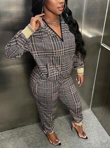 Slaydiva Plaid Print Drop Shoulder Hoodie & Pants - Multicolor - View 4