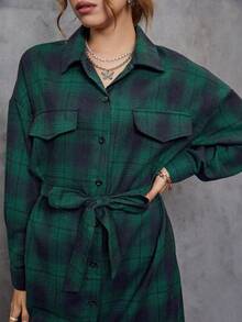SHEIN EZwear Plaid Print Drop Shoulder Flap Detail Button Front Shirt - Green - View 4