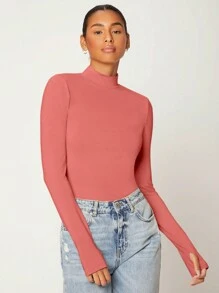 SHEIN BASICS 素色小高領拇指孔T恤 - 藕粉色 - 查看 1