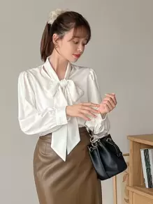 FRIFUL 纯色系带领灯笼袖衬衫，长袖上衣 - 白色 - 查看 3