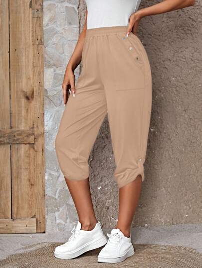 EMERY ROSE بنطلون موحدة اللون تفاصيل ازرار بحافة ملتف