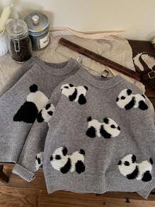 Young Girl Panda Pattern Drop Shoulder Sweater - Grey - View 3