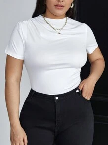 SHEIN Essnce 大碼素色肩部抽褶連體衣 - 白色 - 查看 4