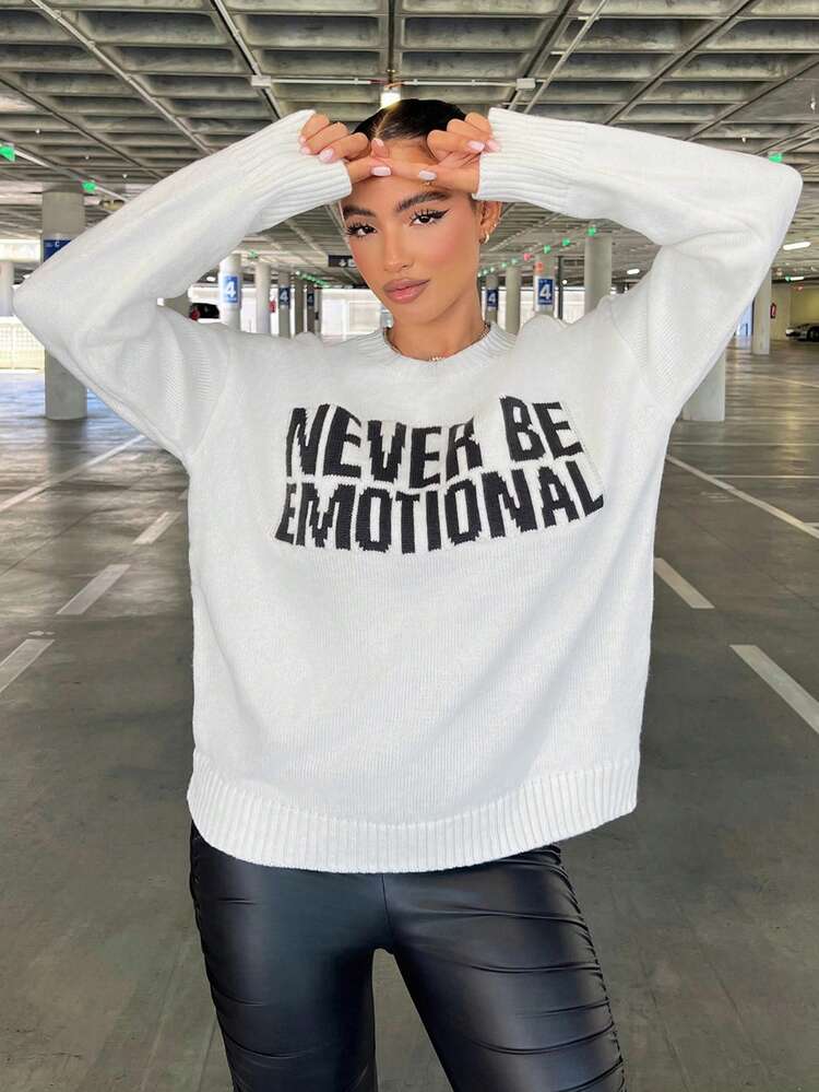Ladies' Sweater With Slogan Print Round Neck And Drop Shoulder Party