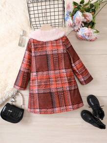 SHEIN Young Girl Plaid Print Borg Collar Teddy Lined Overcoat for Christmas - Red - View 2