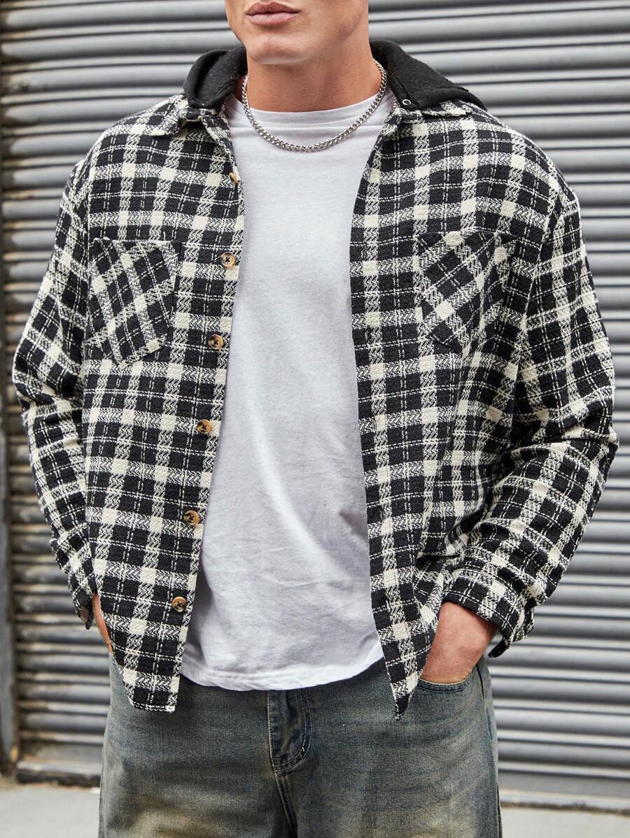 SHEIN Cottnline Men Plaid Print Pocket Patched Jacket - Black - View 1