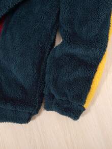 Young Boy Letter Embroidery Colorblock Teddy Hoodie & Pants - Navy Blue - View 6