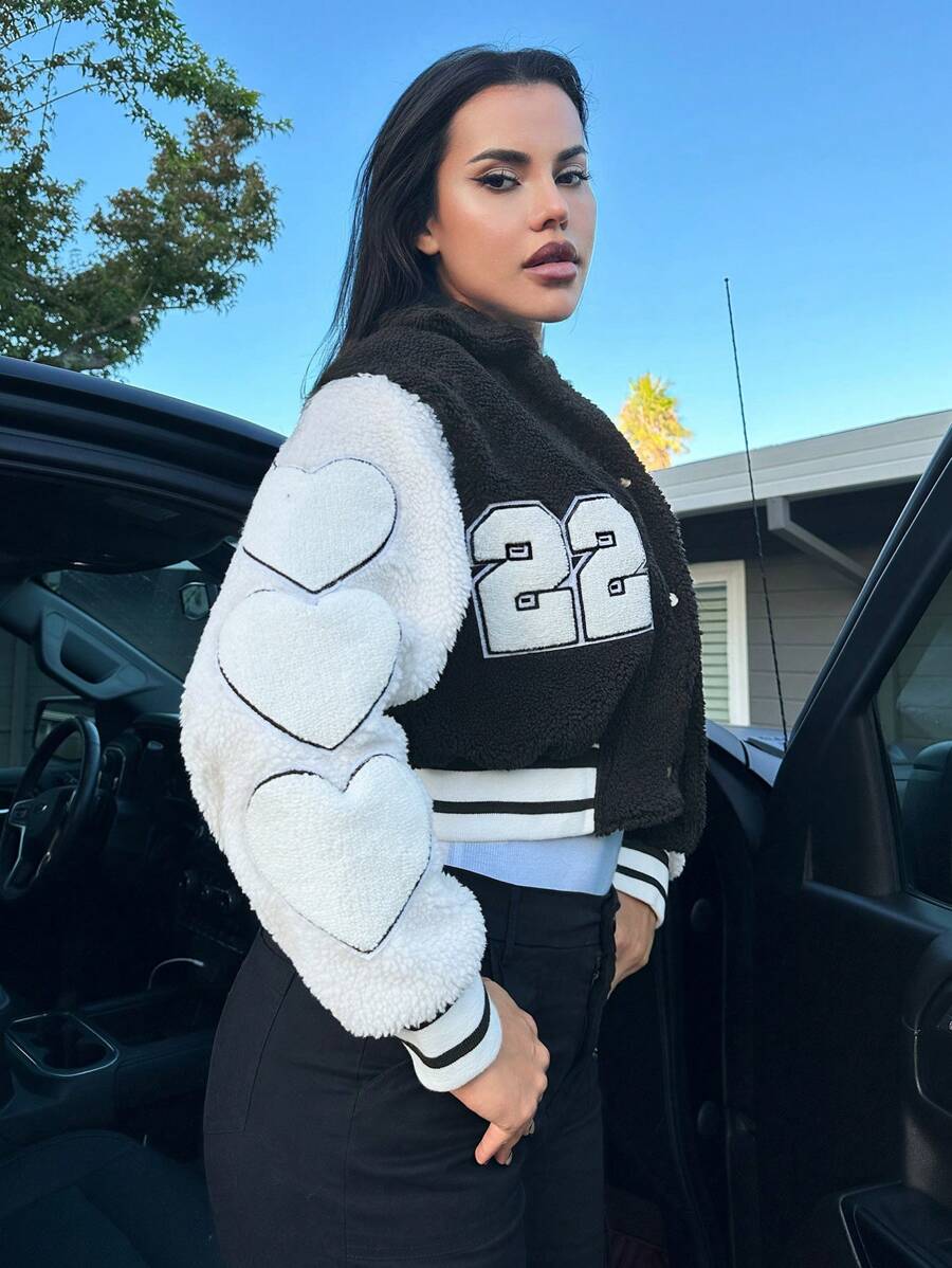 SHEIN Unity Letter Patched Two Tone Drop Shoulder Crop Jacket - Black - View 1