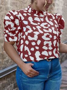 SHEIN Clasi 大碼滿版印花泡泡袖襯衫 - 紅白色 - 查看 3