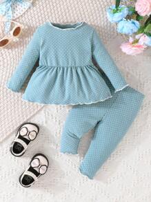 女嬰波卡圓點木耳邊花邊下擺上衣&緊身打底褲
