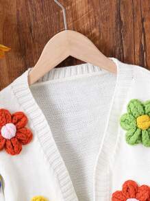 SHEIN 女小童花卉圖案補丁貼落肩袖開襟開衫 - 白色 - 查看 4
