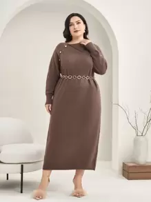 Mulvari Plus Asymmetrical Neck Button Detail Sweater Dress Without Belt Fall Cloth For Women - Coffee Brown - View 5