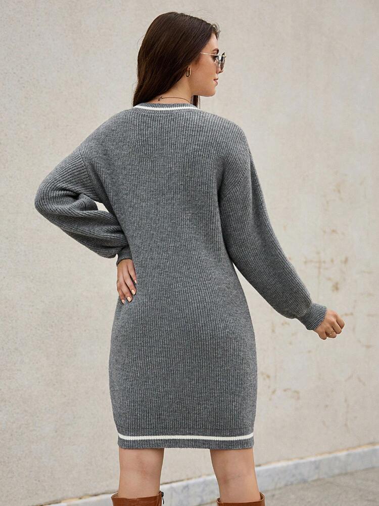 Striped Trim Drop Shoulder Sweater Dress Without Belt Winter Casual