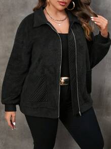 SHEIN LUNE Plus Dual Pocket Drop Shoulder Zipper Teddy Coat Winter Fall Autumn