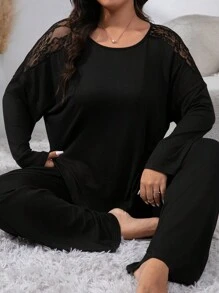 Snug Zone Plus Contrast Lace Drop Shoulder PJ Set / Pajama Set - Black - View 1