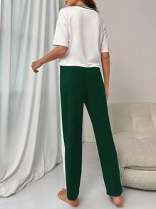 Bộ PJ / Bộ Pajama có họa tiết sọc trang trí dây rút eo - màu xanh lá - Xem 2