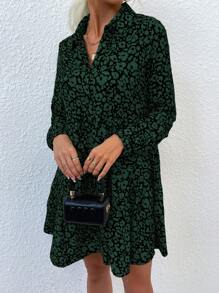SHEIN Clasi Allover Print Ruffle Hem Smock Dress - Green - View 3