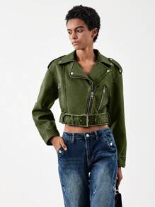SHEIN BIZwear Zip Up Belted PU Leather Moto Jacket - Green - View 1