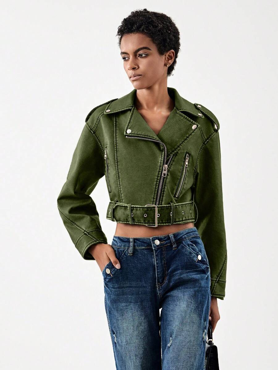 SHEIN BIZwear Zip Up Belted PU Leather Moto Jacket - Green - View 1