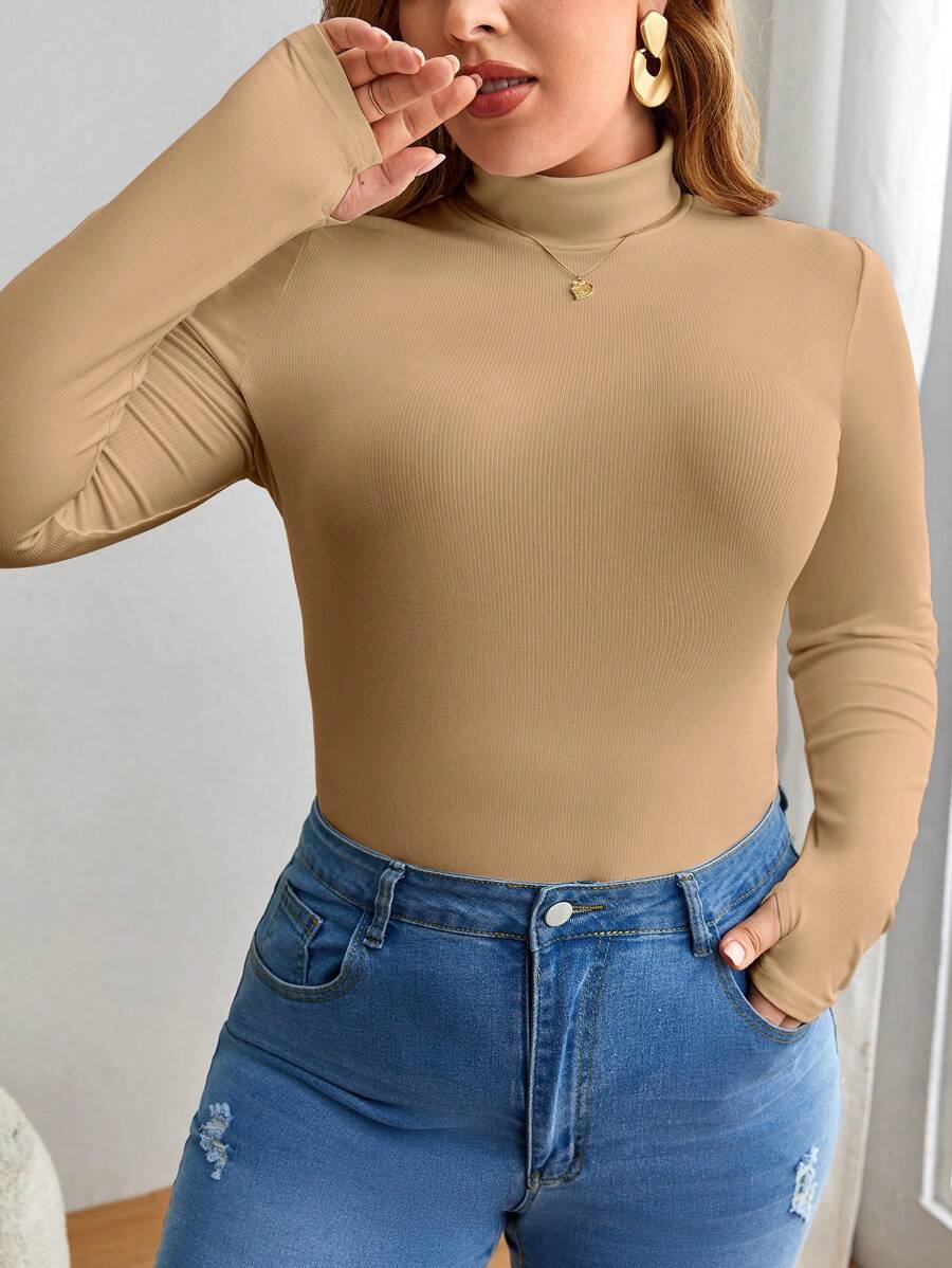 SHEIN Essnce Hơn Cổ giả Áo phông trơn - Lạc đà - Xem 1